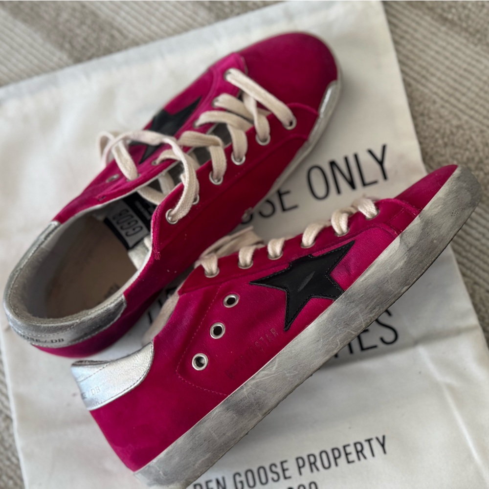 Fuschia Pink Velvet and Silver Superstars Sneakers